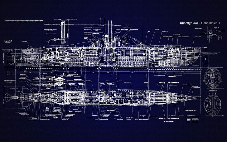 U-Boat, schematic, blueprints, submarine, Type XXI, night, built structure