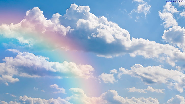 white clouds, the sky, rainbow, blue, nature, weather, air, backgrounds, HD wallpaper