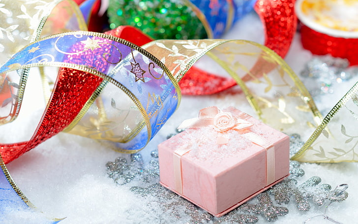 square pink ribbon-accent gift box, Christmas, New Year, presents, HD wallpaper
