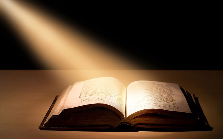 white and black open book, table, light, page, bible, literature, HD wallpaper
