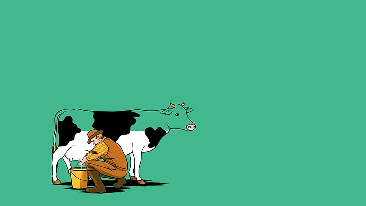 man milking cow illustration, minimalism, studio shot, copy space