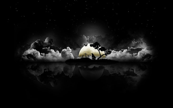 abstract clouds black dark night halloween moon howling wolf Space Moons HD Art, HD wallpaper
