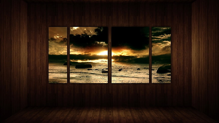 beach shore 4-panel painting, window, rocks, water, sunset, landscape, HD wallpaper