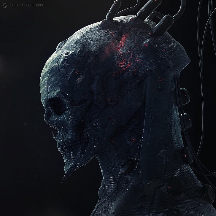 black alien decor, CGI, skull, black background, studio shot