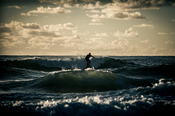 sea, sports, men, surfers, waves, horizon, HD wallpaper