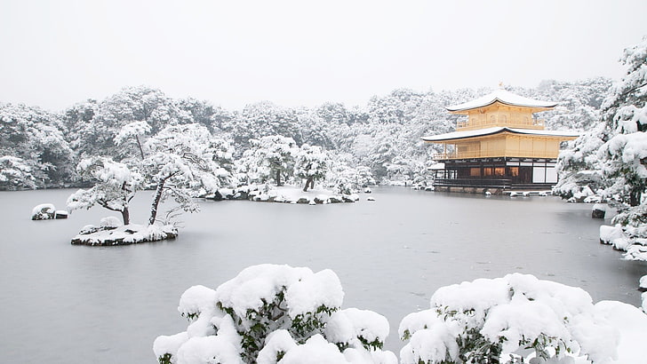 brown and black wooden house, Japan, temple, lake, snow, Kyoto