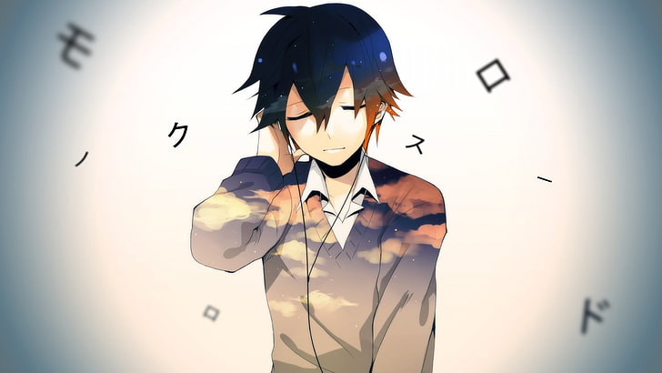 man in blue long-sleeved anime character, music, headphones, shirt, HD wallpaper