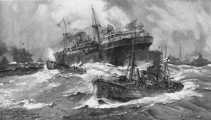 ships on seawave grayscale photo, war, figure, pencil, the convoy, HD wallpaper