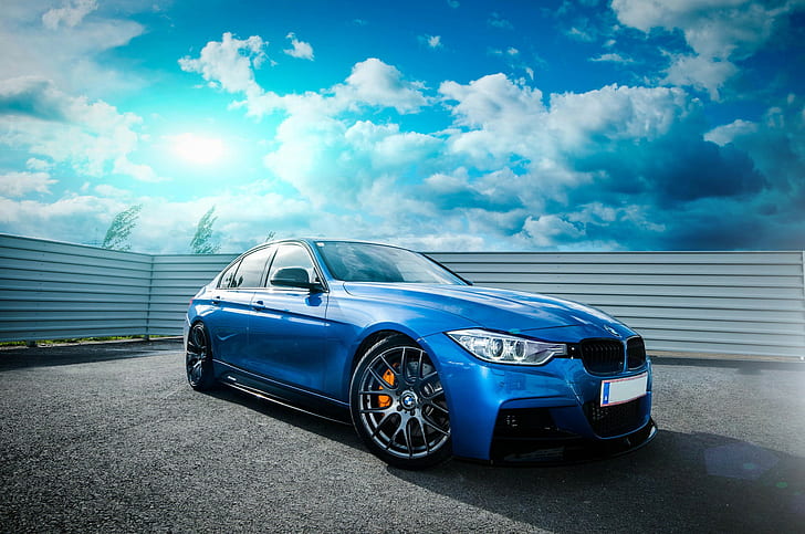 BMW F30 335i, blue sedan, Tuning, stance, HD wallpaper