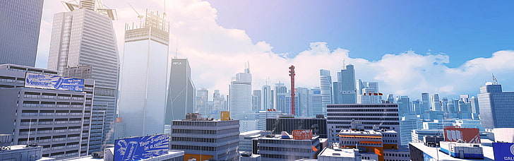 high rise buildings, Mirror's Edge, city, CGI, video games, multiple display