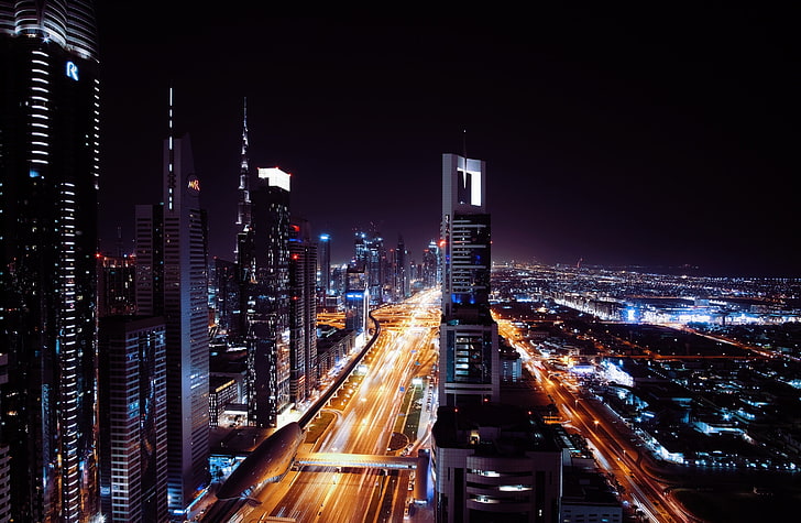 high-rise buildings, dubai, united arab emirates, night city, HD wallpaper