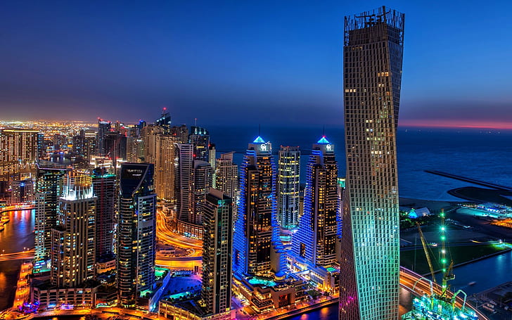 Dubai, city, evening, lights, buildings, skyscrapers, cayan tower in dubai, HD wallpaper