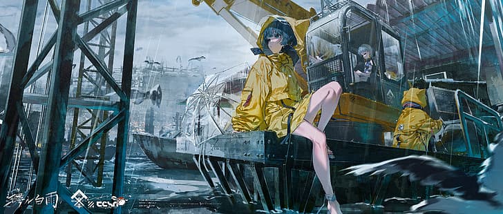 anime, anime girls, water, umbrella, original characters, Rolua Noa, HD wallpaper