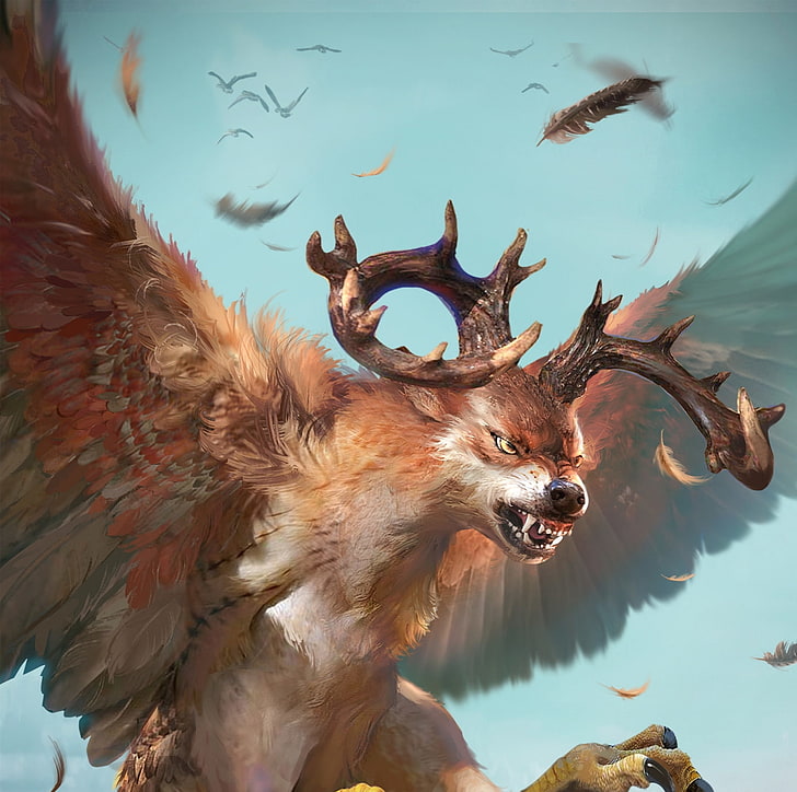 Peryton, wings, yakun wang, horns, fantasy, lup, wolf, creature, HD wallpaper