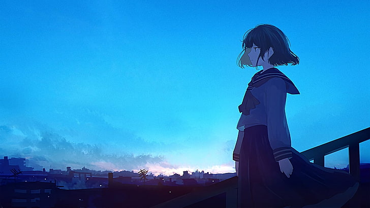anime, manga, anime girls, sky, blue, clouds, schoolgirl, sailor uniform, HD wallpaper