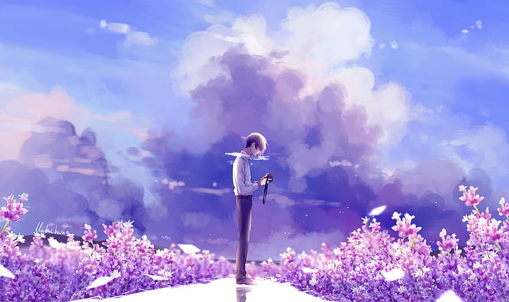 Girls Avenue, anime boys, flowers, sky