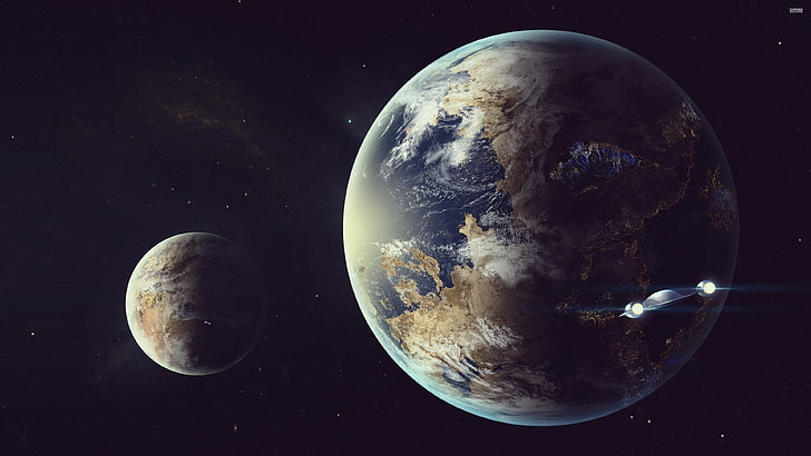 planet earth digital wallpaper, artwork, science fiction, spaceship