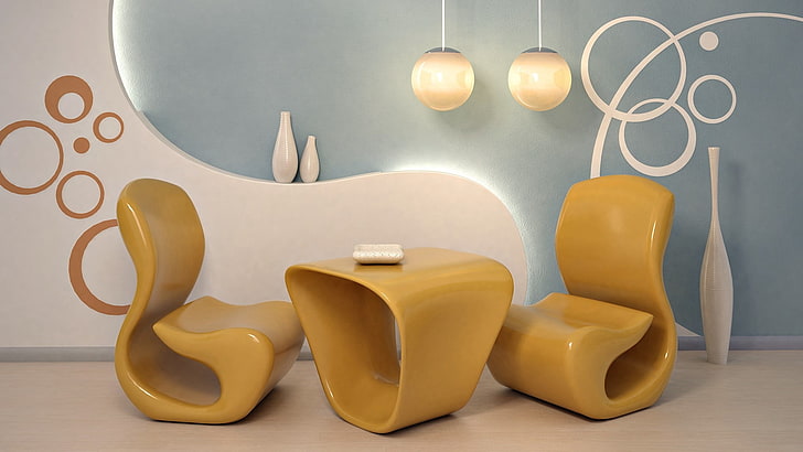 yellow ceramic table and chairs, room, furniture, style, interior, HD wallpaper