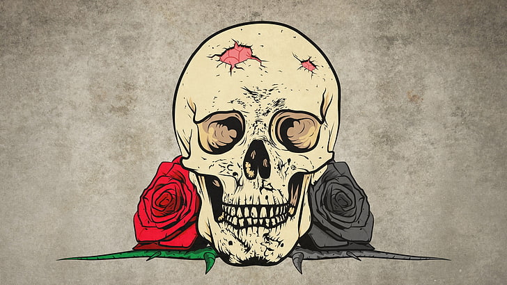 human skull in between of red and gray roses digital wallpaper