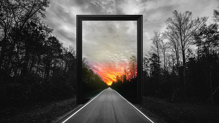 gray concrete road, photo manipulation, frame, forest, sunset, HD wallpaper