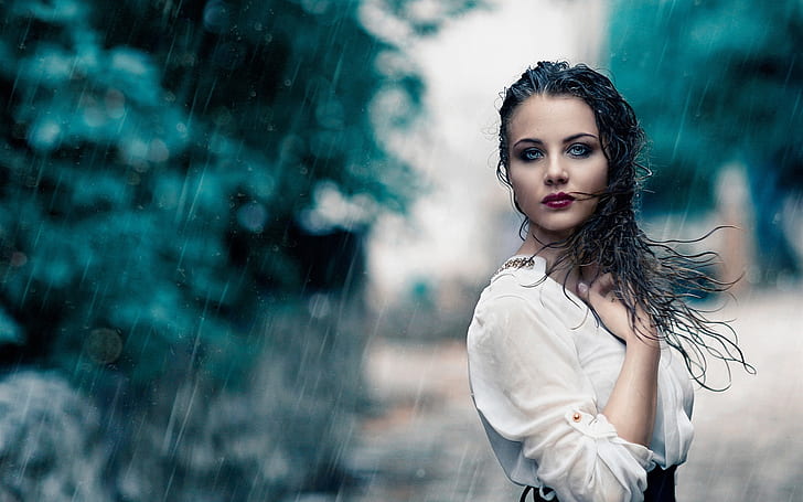 White dress girl in rain, wet