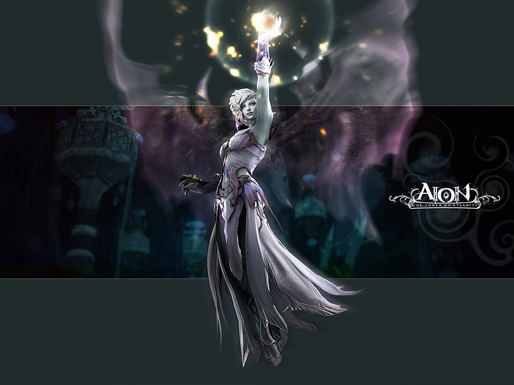 black and white dressed female doll, Aion Online, sorcerer, Asmodian, HD wallpaper