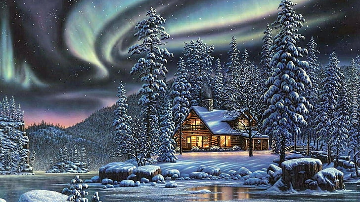 log cabin, painting, house, cottage, pine, frost, evening, christmas, HD wallpaper