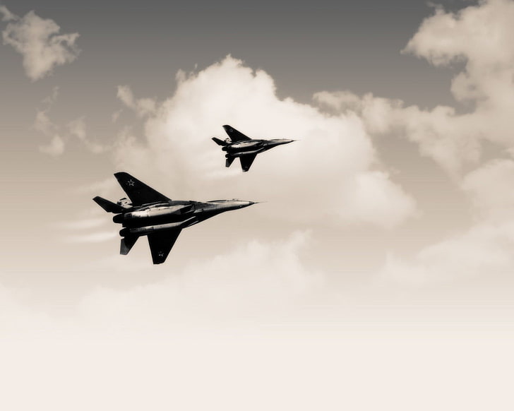 two gray jet planes, mig-29, military, military aircraft, sky