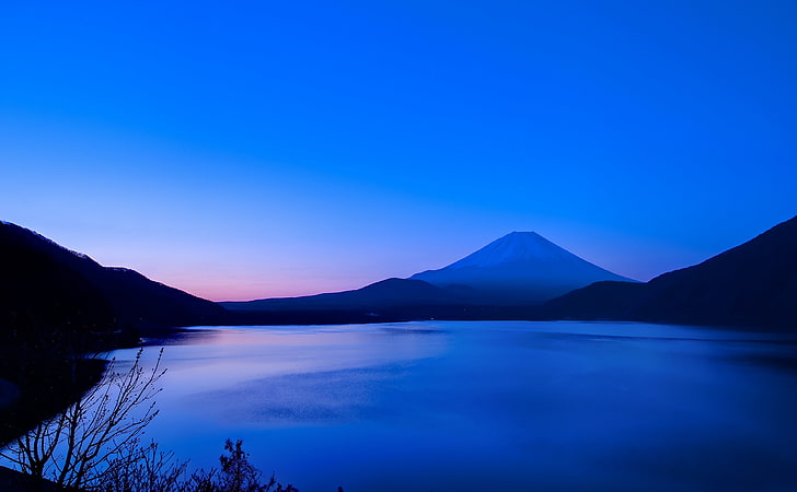 Japan Mountain, Asia, Sunrise, Blue, Purple, Lake, Water, Reflection