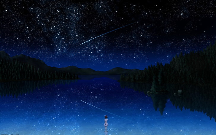 meteor illustration, anime, water, nature, anime girls, shooting stars, HD wallpaper