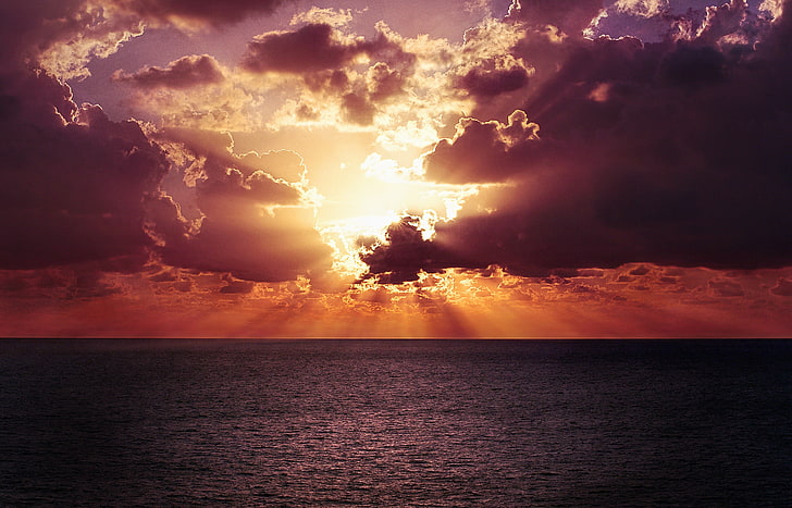 sunset, sun rays, sea, clouds, horizon, sky, cloud - sky, water, HD wallpaper