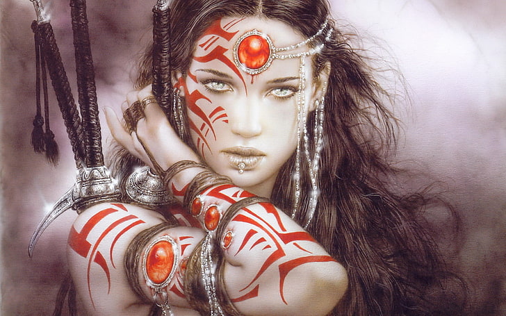 HD wallpaper woman with red tattoos holding swords wallpaper realistic  women  Wallpaper Flare