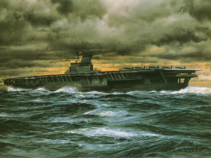 gray cargo ship, warship, aircraft carrier, military, artwork