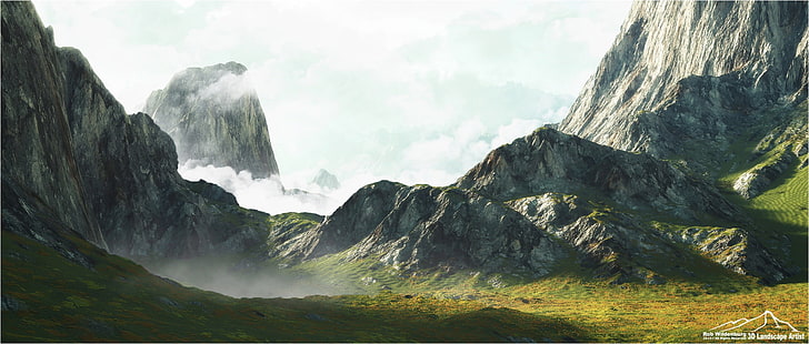 white and black abstract painting, CGI, mountains, clouds, beauty in nature