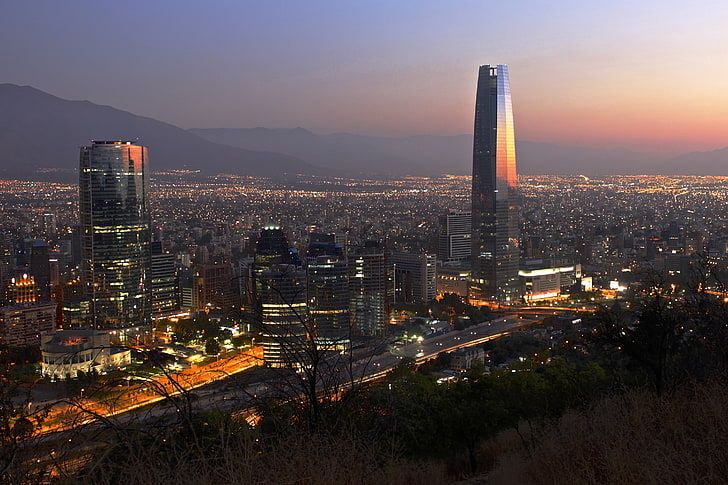 twilight, sunset, mountains, dusk, downtown, Santiago, cityscape, HD wallpaper