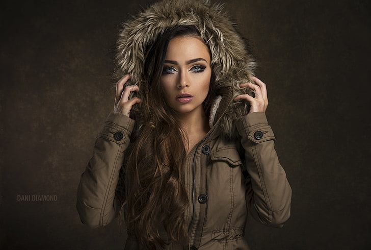 women, hood, portrait, simple background, Dani Diamond, hair