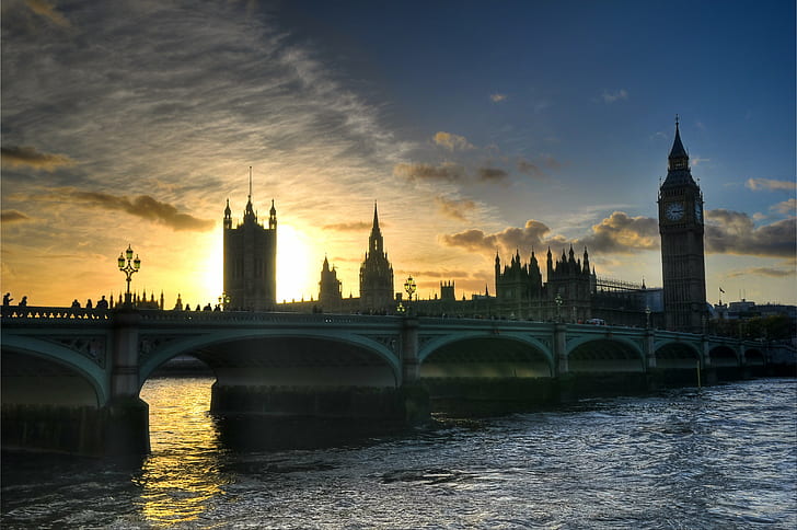 silhouette of bridge, Sunset, london, westminster  parliament, HD wallpaper