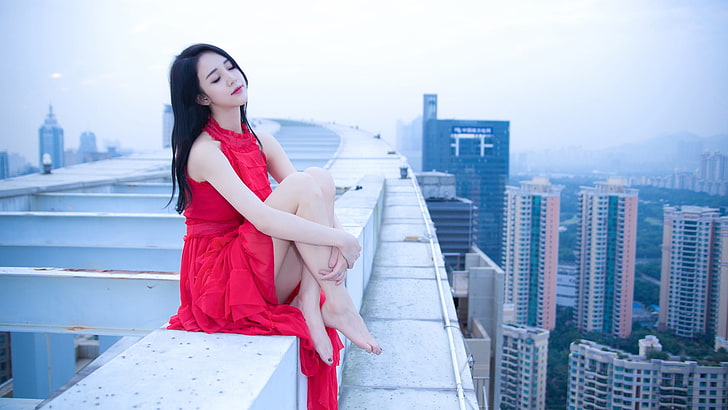 women's pink sleeveless dress, Asian, model, photography, city, HD wallpaper