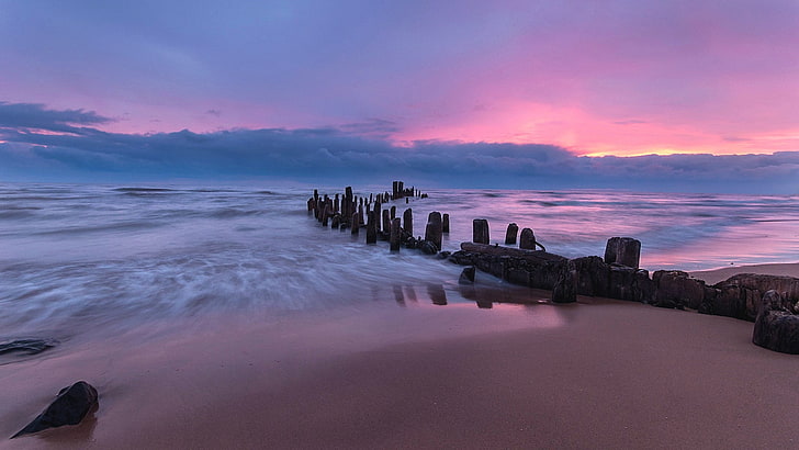 purple sky, purple landscape, beachfront, sunset, evening, sea, HD wallpaper