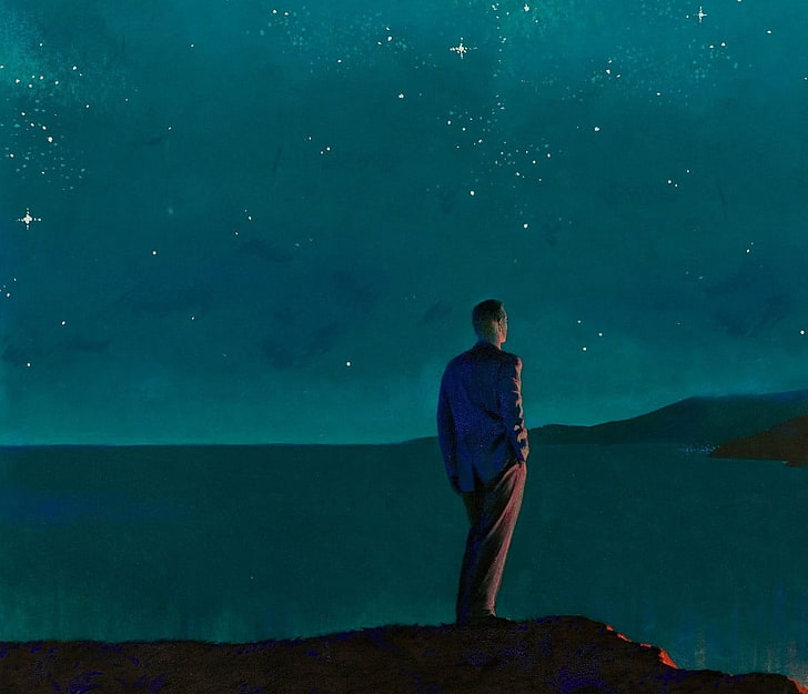 man staring at sea illustration, men, stars, sky, artwork, one person, HD wallpaper