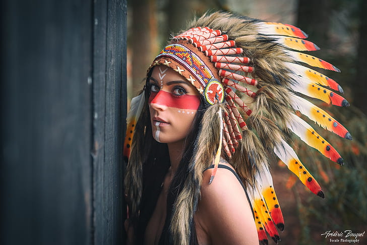 Women, Native American, Brown Eyes, Feather, Headdress