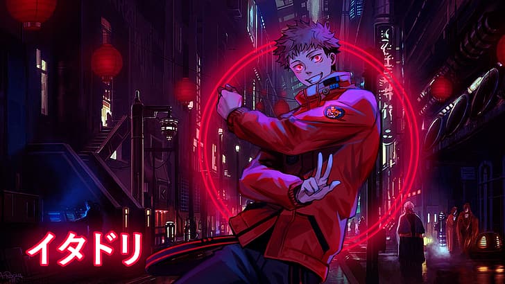 Jujutsu Kaisen, Yuji Itadori, red eyes, glowing, red jackets