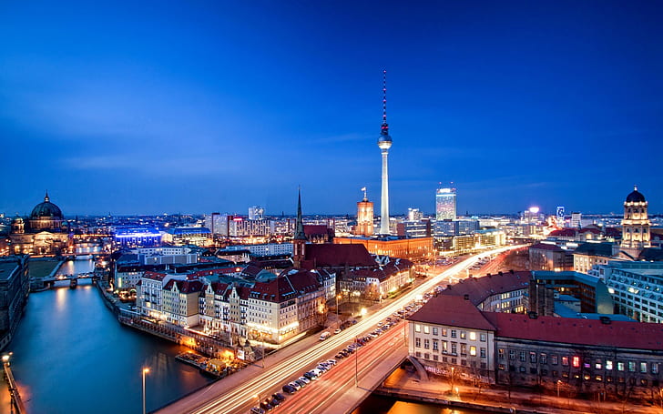 Alexanderplatz, Berlin, Germany, city night, evening, house, lights, HD wallpaper