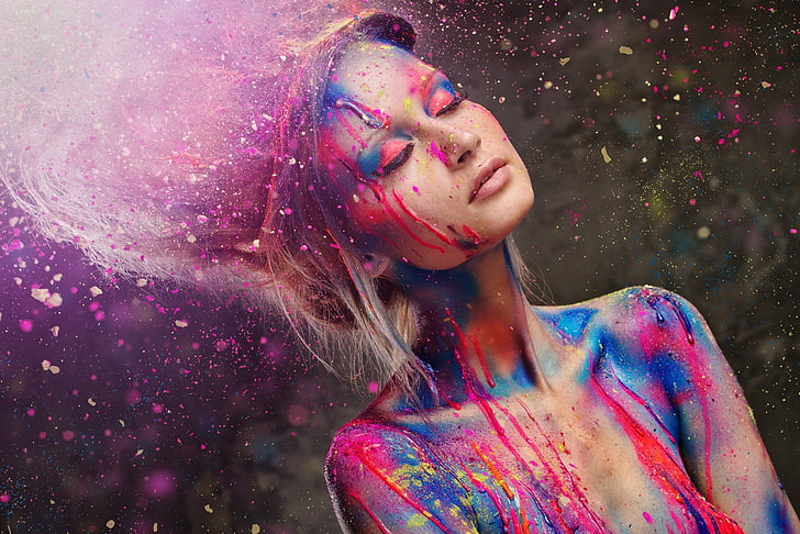 selective focus of woman with paint on her body and hair, women