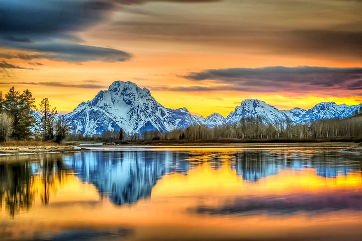 nature, landscape, mountains, river, sunset, Grand Teton National Park, HD wallpaper