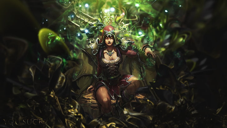 female armored character digital wallpaper, Smite, isis, green color