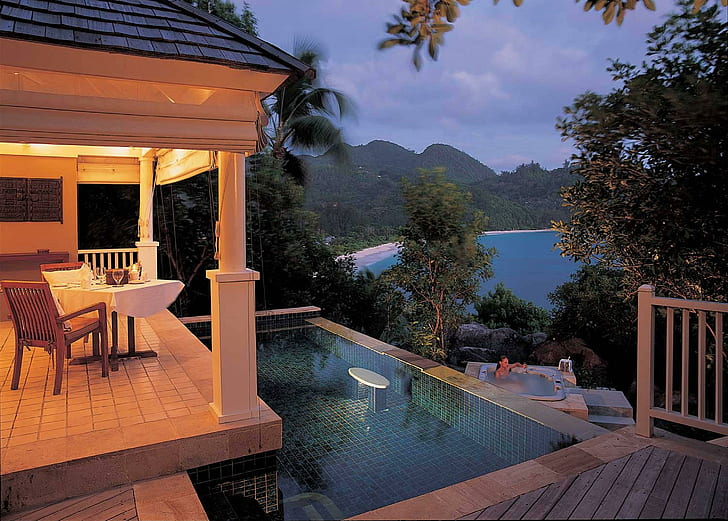 Jacuzzi Beach Villa, evening, tropical, islands, bath, sunset, HD wallpaper