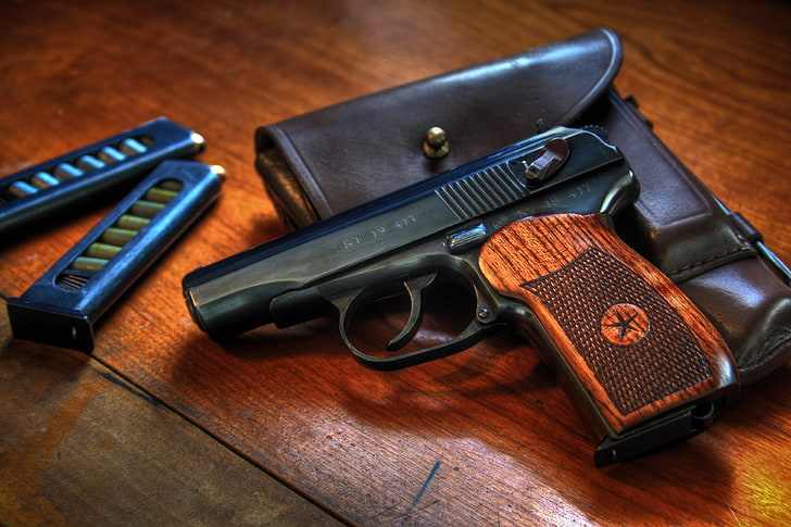 brown and black pistol, gun, weapons, cartridges, shop, holster, HD wallpaper