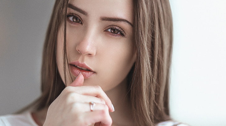 women, face, portrait, finger on lips, looking at viewer, brown eyes