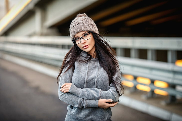 women with glasses, sweater, portrait, Angelina Petrova, model